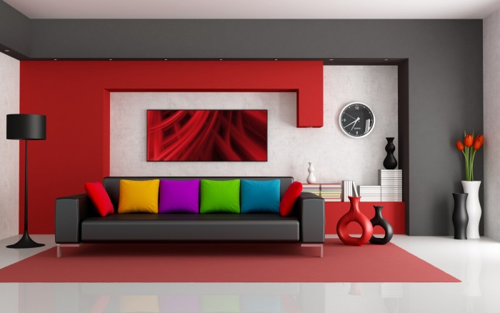 A modern living room with red walls and black furniture, perfect for modern interiors.
