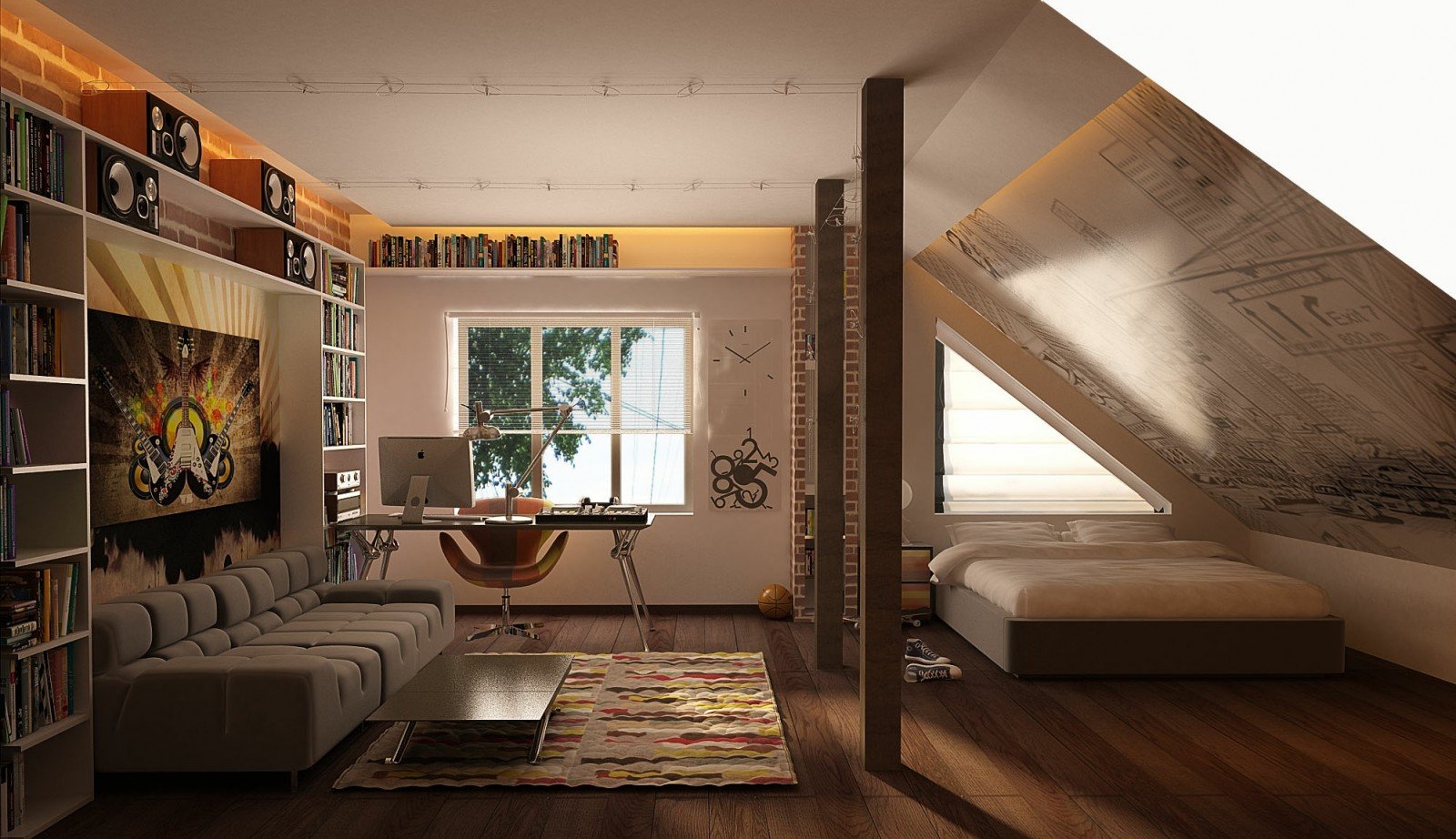 A cozy attic with a bed and a desk.