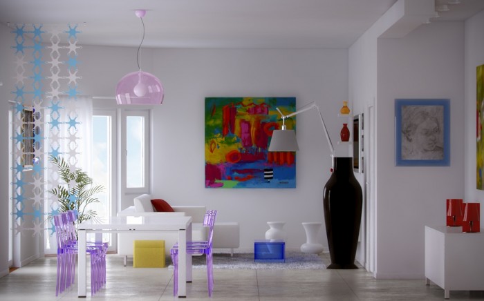 A modern living room with a colorful table and chairs.