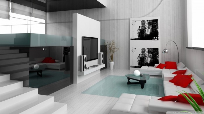 Red throw pillows accent this minimalist interior