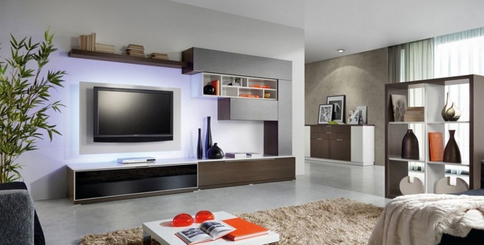 Unique wall shelves create a tidy niche for the television 