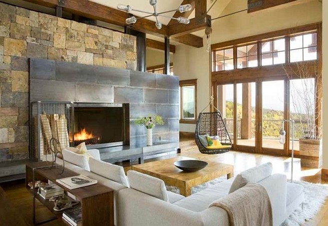 Wood, stone and metal combine for a modern rustic interior 