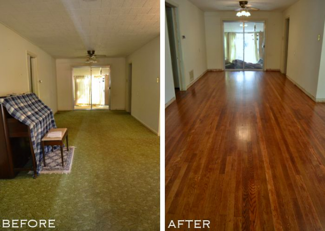 Before and after photos of replacing hardwood flooring.