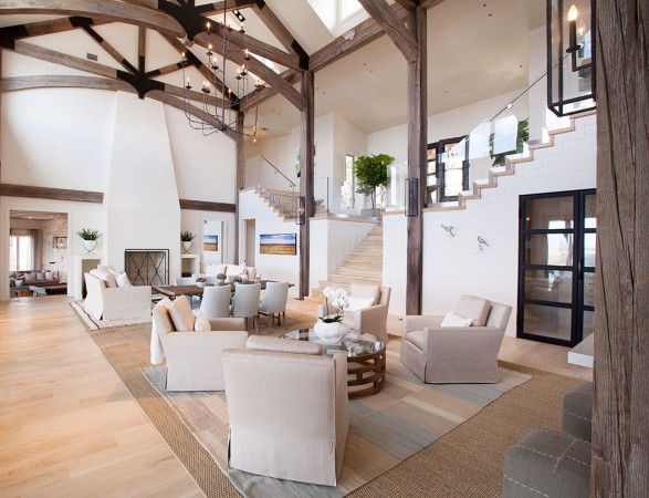 Soaring ceilings accented with wood beams add interest