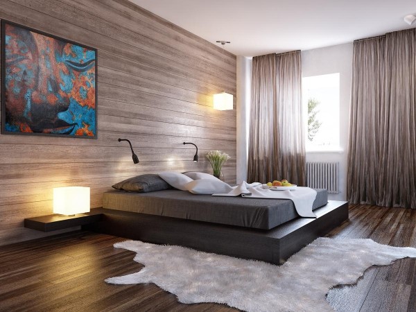A modern bedroom with low-profile wooden walls and a low-slung bed.