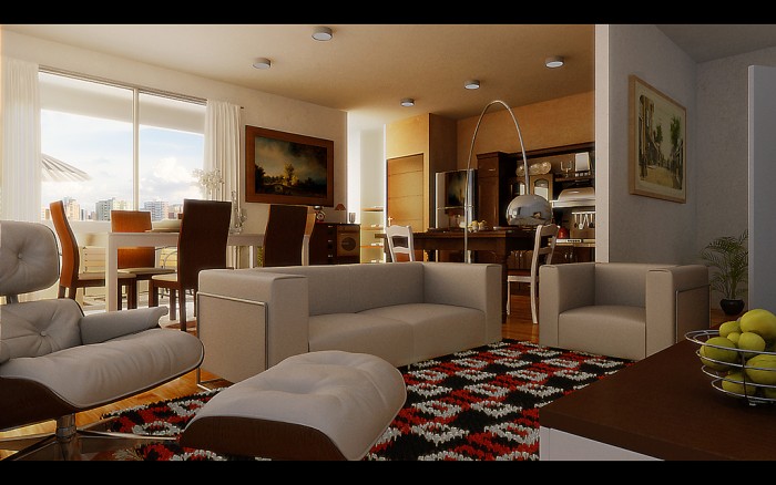 A 3D rendering demonstrating how to enjoy an open floor plan.
