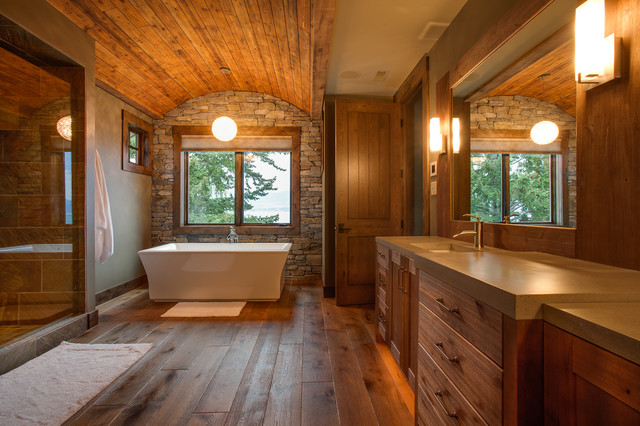 Modern fixtures mix with rustic wood for a character-rich bath