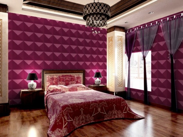 Transform your bedroom with vibrant purple walls and a cozy bed.