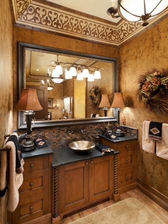 A bathroom with a sink and a mirror, designed for the utmost style and elegance.