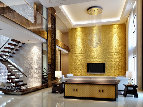 A living room with a gold wall brought alive by 3D panels.