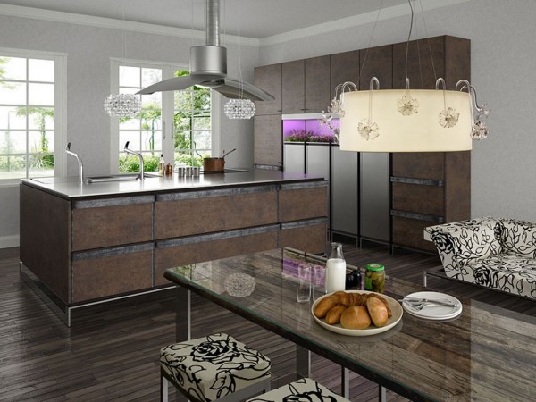 Rustic wood touches give this modern kitchen interest and rich character
