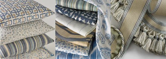 A collection of blue and white striped pillows with a designer focus on Alexa Hampton.