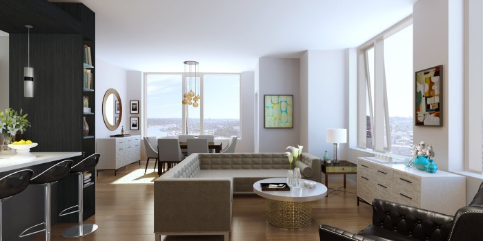 A living room with a dining table and chairs in an open floor plan.