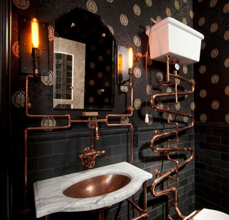 A bathroom with copper pipes and a sink featuring panache.