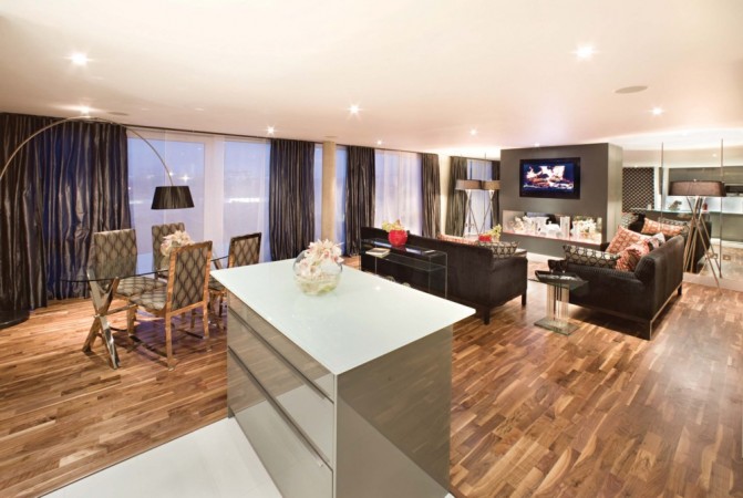 A modern apartment with a living room and dining area designed for open floor plan enjoyment.