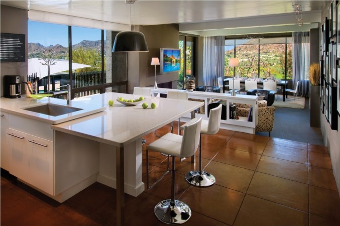 A white kitchen with a view of the mountains: Enjoy an open floor plan.