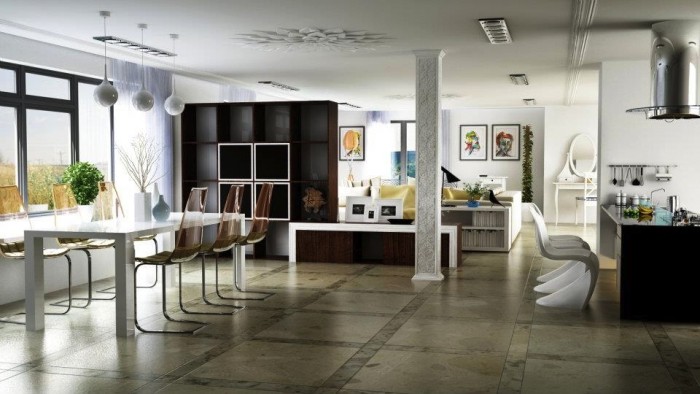 An image of a modern kitchen and dining room showcasing the open floor plan concept.