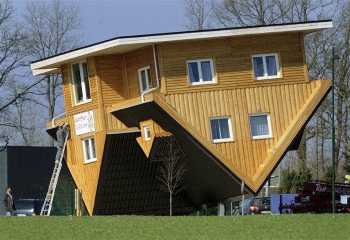 A building that appears to be inverted.