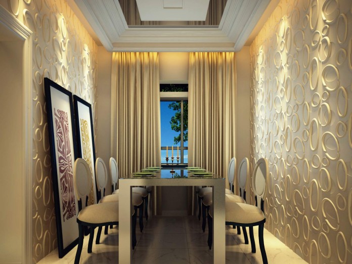 Textured 3D panels highlight the walls of this dining area