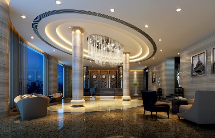 A 3D rendering illustrating hotel lobby interior design.