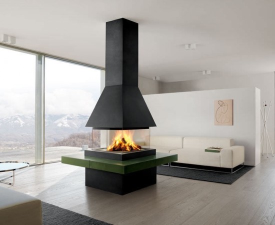 A contemporary and stylish home featuring a modern fireplace installed in the middle of the living room