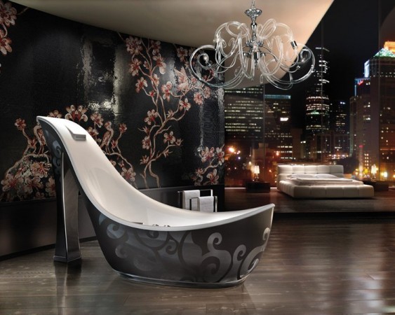 A luxurious bathroom with a chandelier hanging above the bathtub.