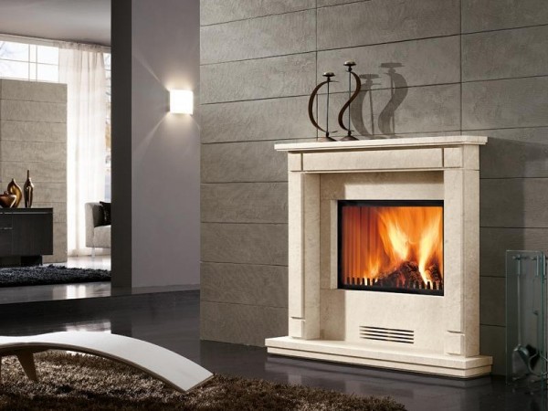 Classy and beautiful marble fireplace perfectly integrated in a contemporary living room