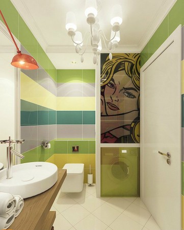 A bathroom with a colorful pop art mural on the wall.