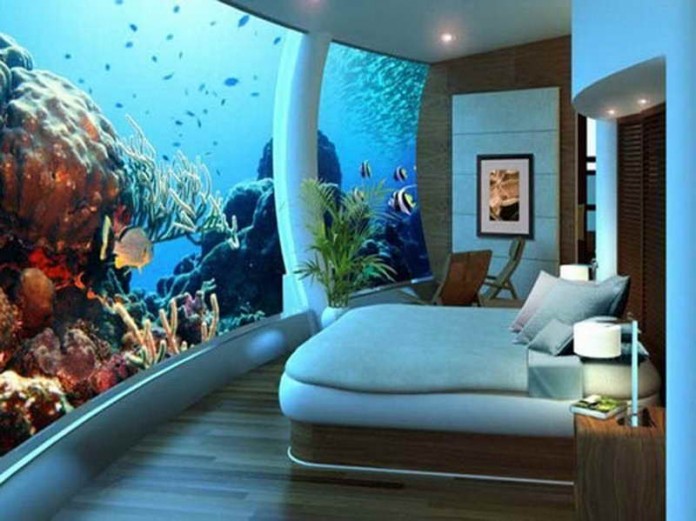 awesome bedroom built under the water in an aquarium