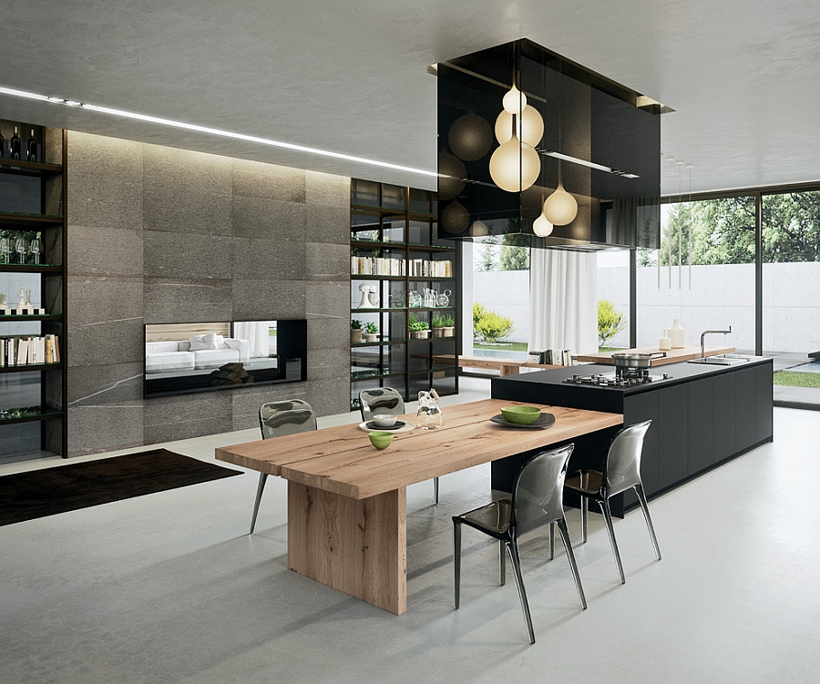 A modern kitchen with a wooden table and chairs featuring cutting-edge interior design.