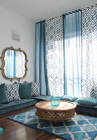 Styling a Moroccan living room with blue and white decor.