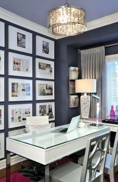 Interior Design Ideas For Home Offices: A blue-walled space featuring a white desk.