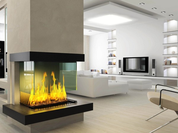 Open fireplace design stands center stage in this modern home