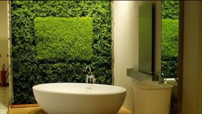 contemporary bathroom with a stunning vertical garden
