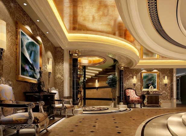 A luxury hotel lobby with a magnificent chandelier.