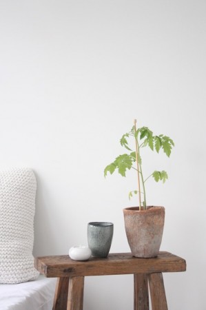 A small knitted potted plant sits on a wooden stool.