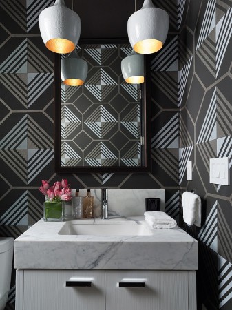Powder room with bold wall covering