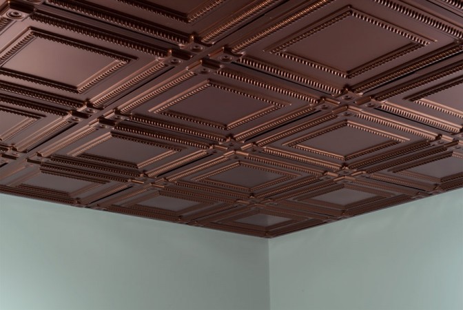 Ceiling tiles give a faux coffered effect