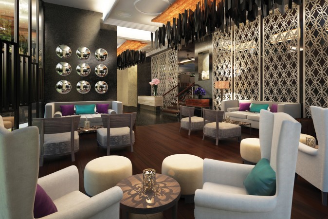 A 3D rendering showcasing hotel lobby interior design.