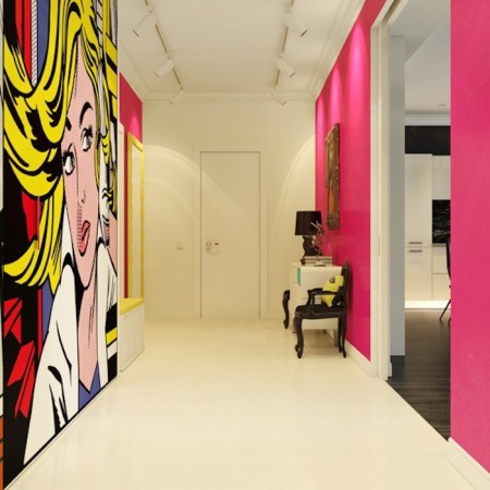 A hallway with a vibrant pop art painting.