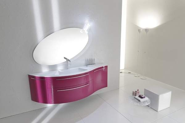 elegant bathroom with oval shaped mirror and neon light