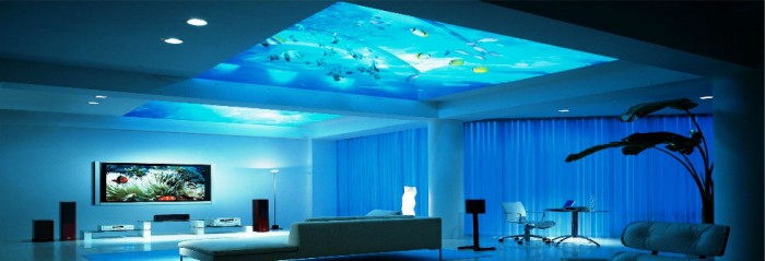 A living room with a blue ceiling and an aquarium.