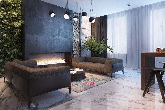 A modern living room with a fireplace and vertical interior design.