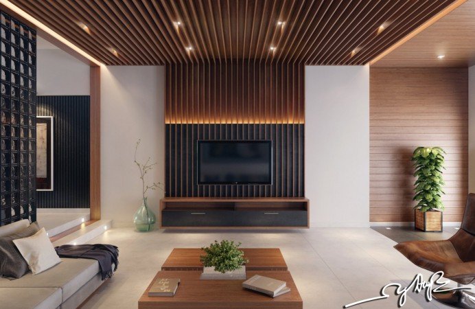 A modern living room with vertical wood paneling and a tv.