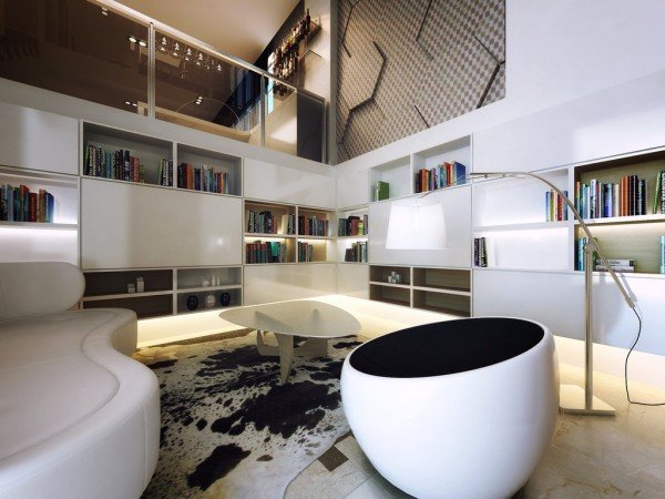 Vertical Interior Design: A white living room with bookshelves and a cowhide ottoman redesigned in a vertical concept.