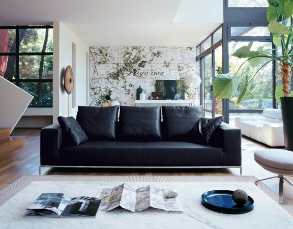 A sleek and modern black leather sofa enhancing the allure of a stylish living room.