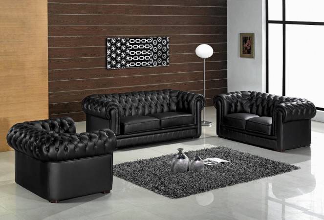 A black leather sofa set showcasing the allure of leather seating in a living room.