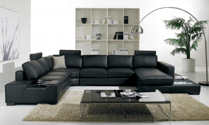 Comfortable black leather sectional sofa