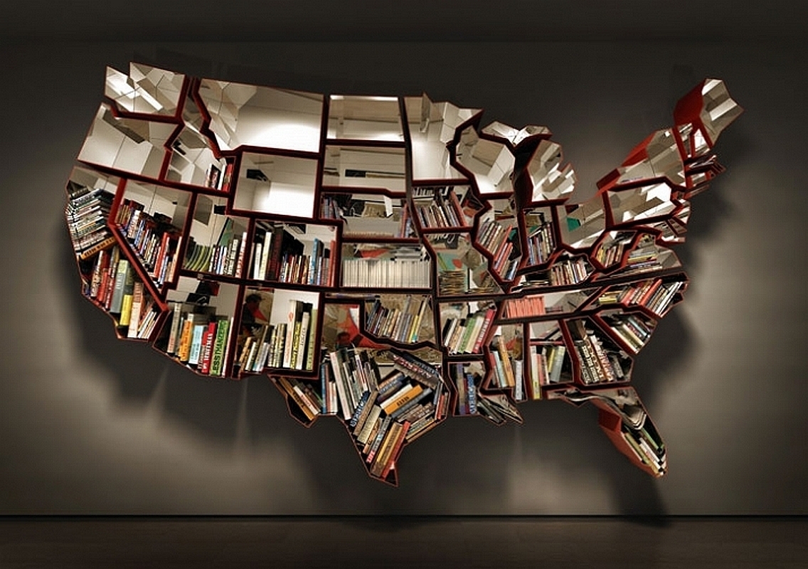 A map of the United States crafted from bookcases.