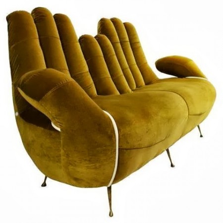 A funky yellow couch featuring a quirky handrest.